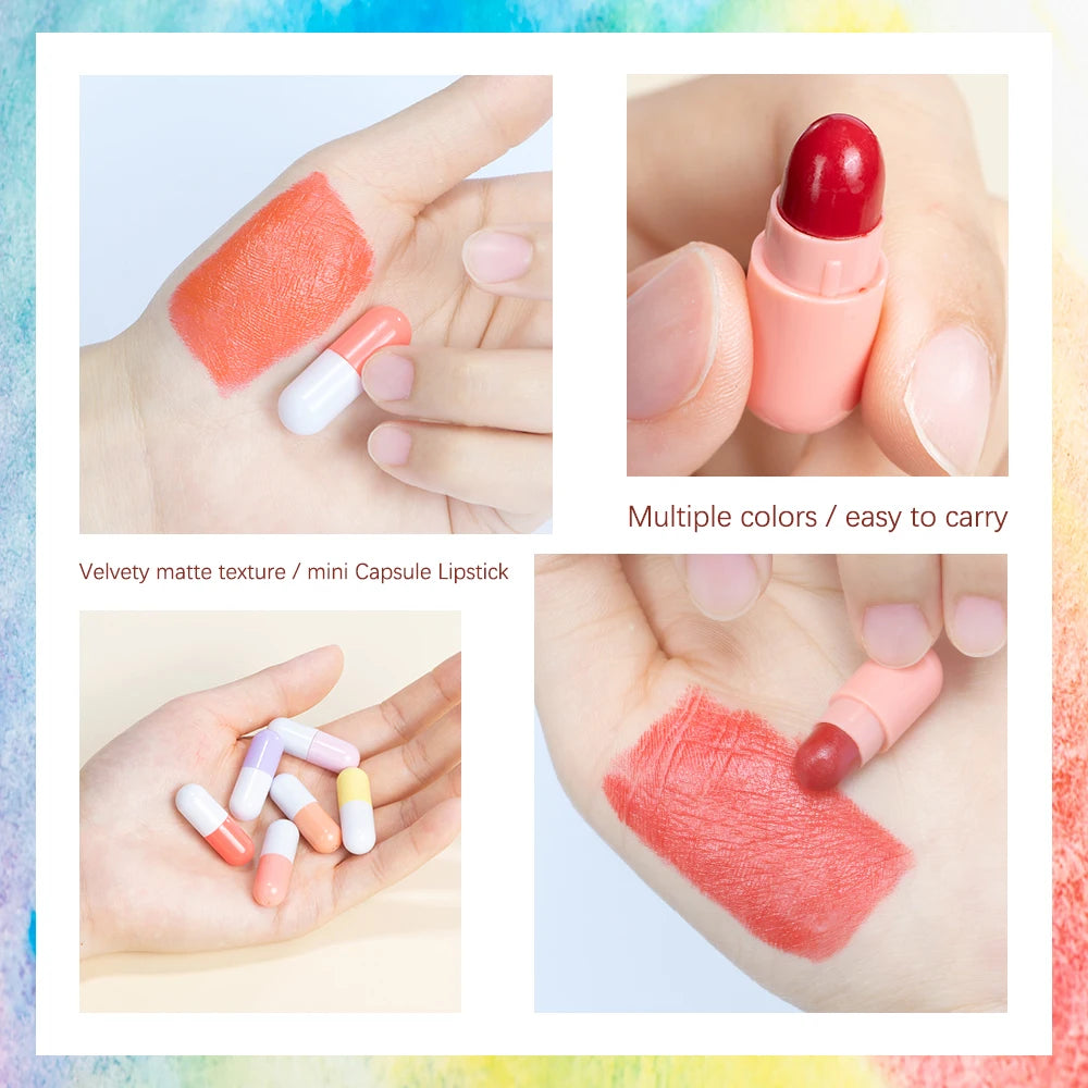 6pcs/set Mini Cute Capsule Lipstick Set with Lip Balm Moisturizing Waterproof Non-stick Cup Carry Pill Lipstick Lips Makeup Gift Peaceful Pleasures Health and Wellness