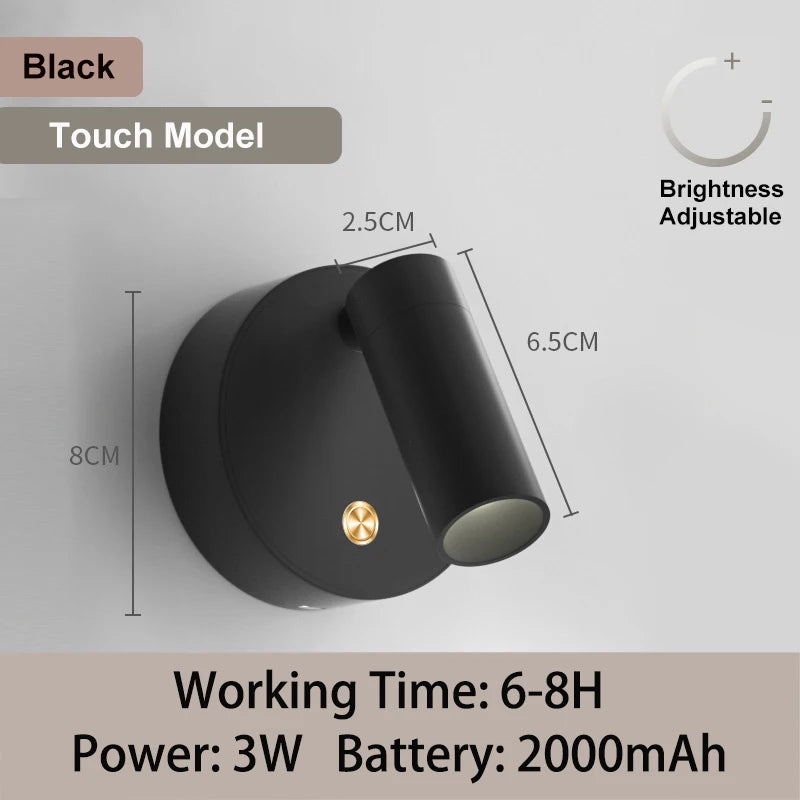 Alloy magnetic type-C rechargeable wall lamp spotlight wireless no wiring no punch reading wall light bedroom bedside LED light Peaceful Pleasures Health and Wellness Black Shell 3000K-4000K-6000K