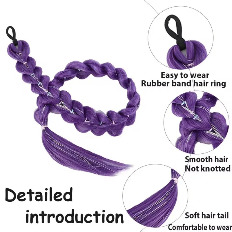 fashion Performance hair accessory ponytail 32 inch long purple braided wig shining metallic texture children's holiday outfit Peaceful Pleasures Health and Wellness