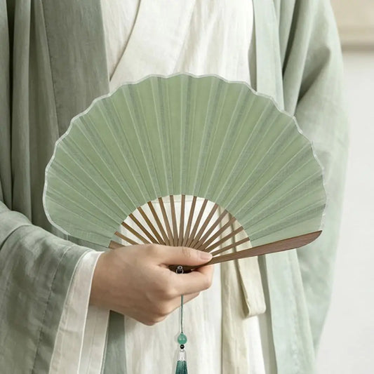 Shell-Shaped Folding Hand Fan | Bamboo & Cotton Linen Retro Folding Hand Fan Peaceful Pleasures Health and Wellness