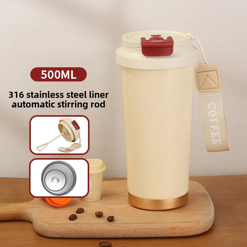500ml Stainless Steel Coffee Milk Leak Proof Stir Cup Outdoor Office Business Portable Type-C Charge Automatic Self Stirring Mug Peaceful Pleasures Health and Wellness beige