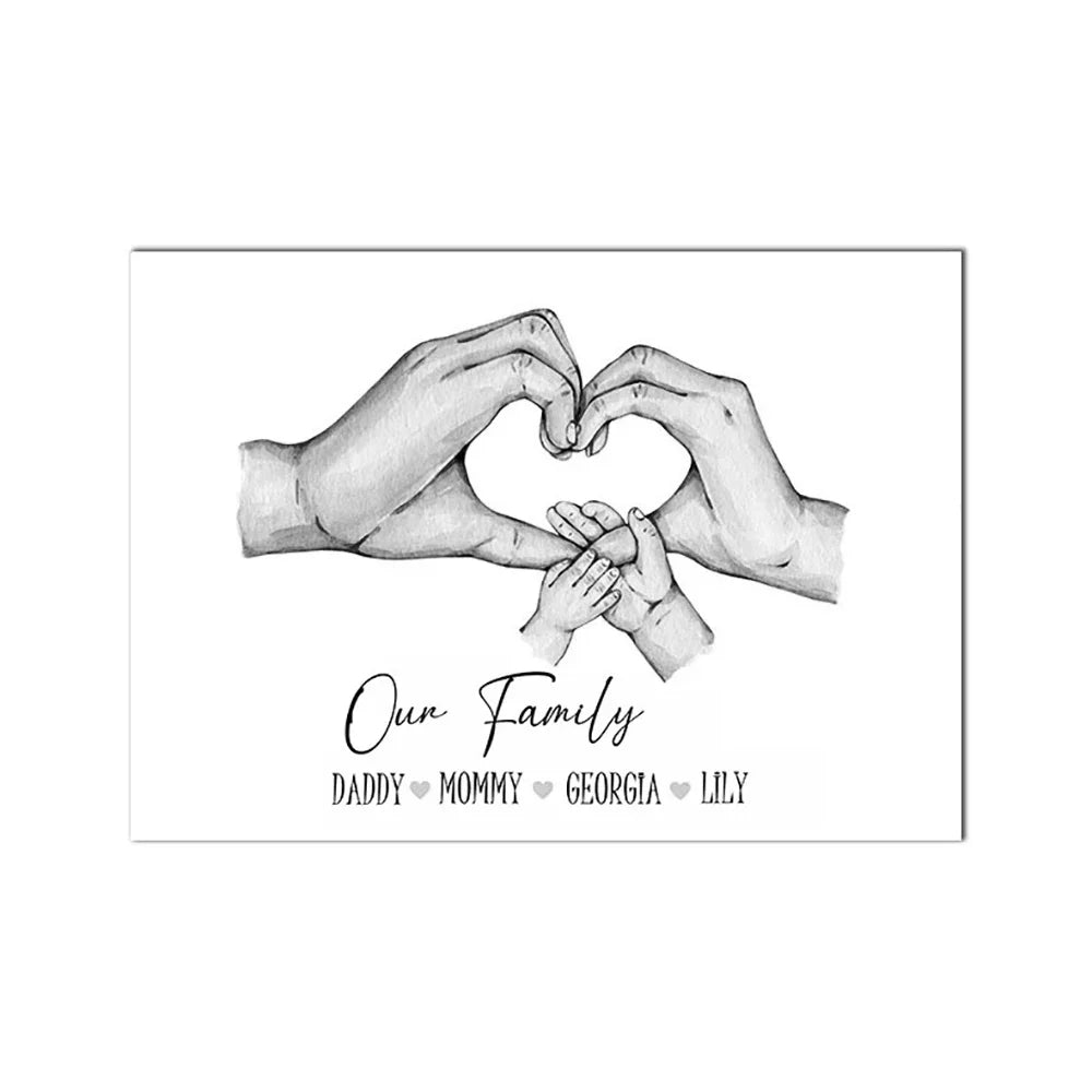 Custom Family Hands Canvas Wall Art – Black & White Print