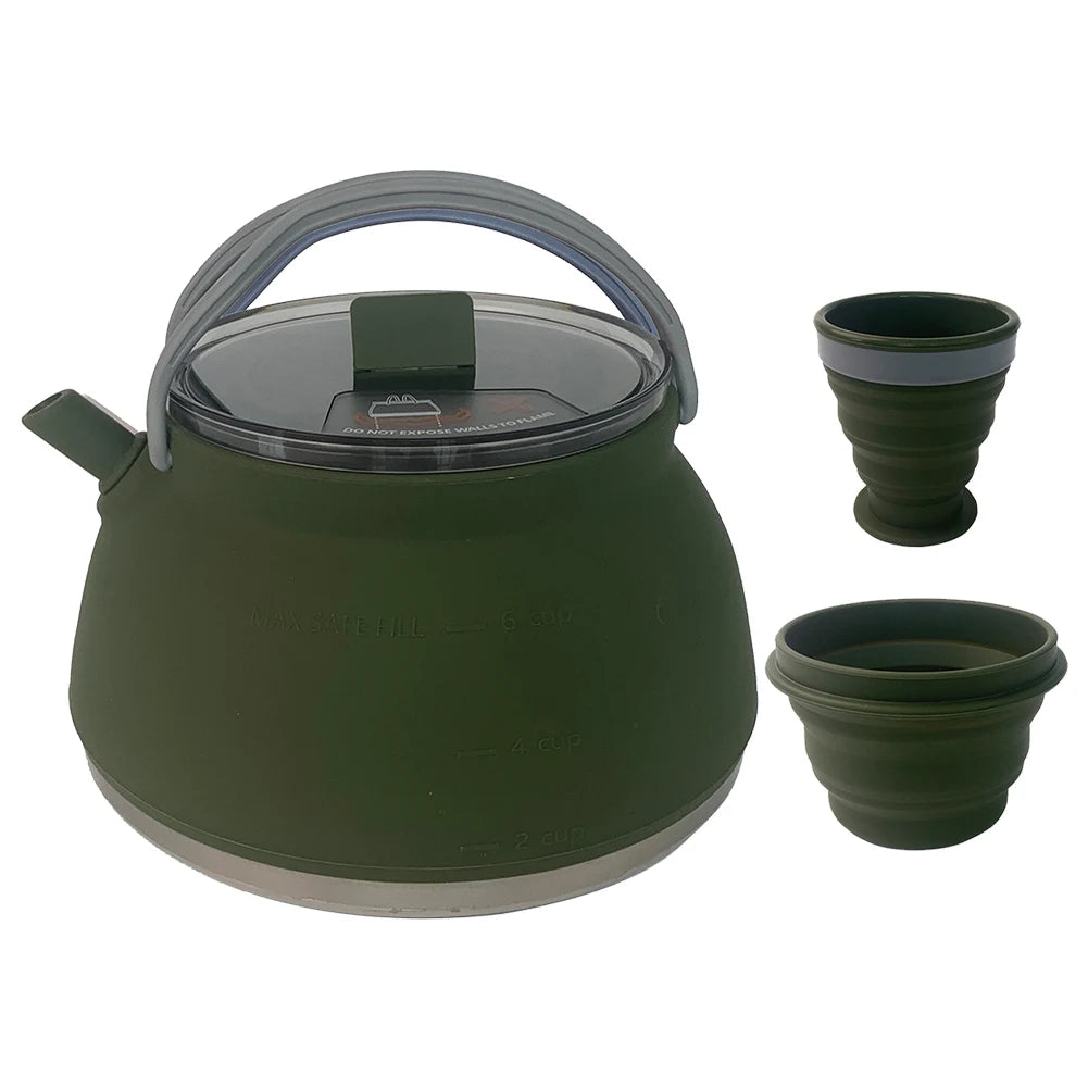 Outdoor Folding Silicone Kettle Portable Mini Boiling Water Pot with Handle Camping Kettle Pan Pot for Travel Picnic Tableware Peaceful Pleasures Health and Wellness Green Kettle CupBowl