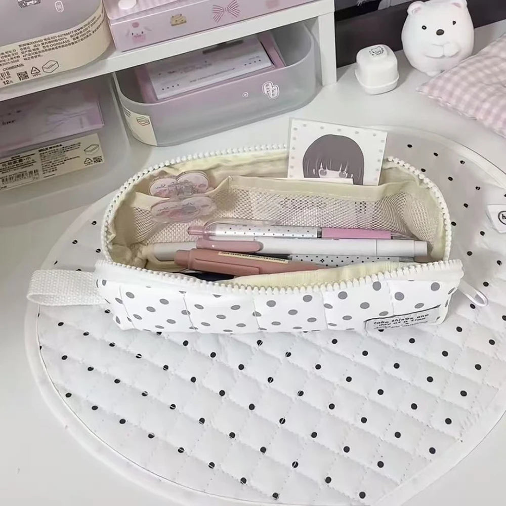 Korean White Polka Dot Pencil Case Ins Minimalist Student Portable