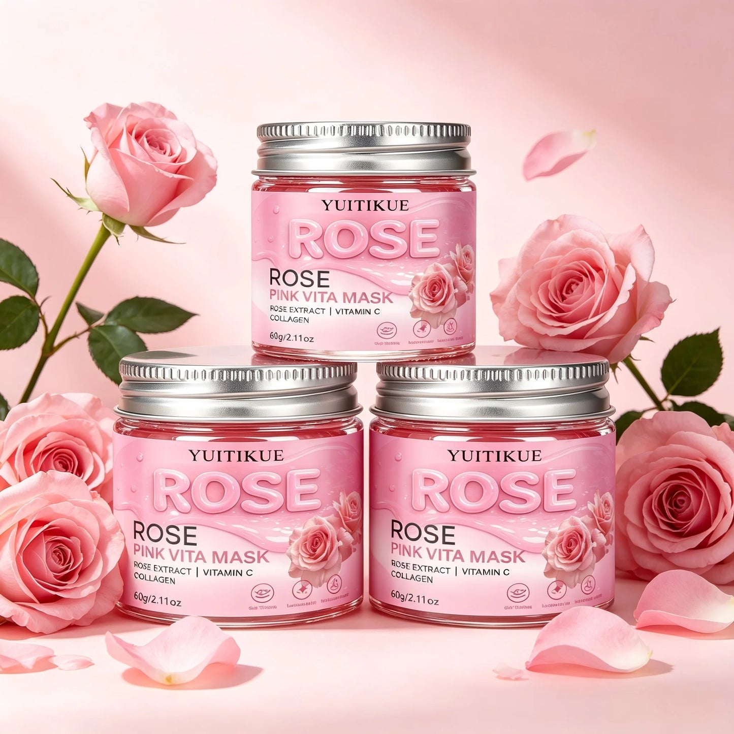 YUITIKUE Rose Pink Vita Mask 60g with Rose Extract, Vitamin C & Collagen for Luminous & Moisturized Skin Peaceful Pleasures Health and Wellness 3pc