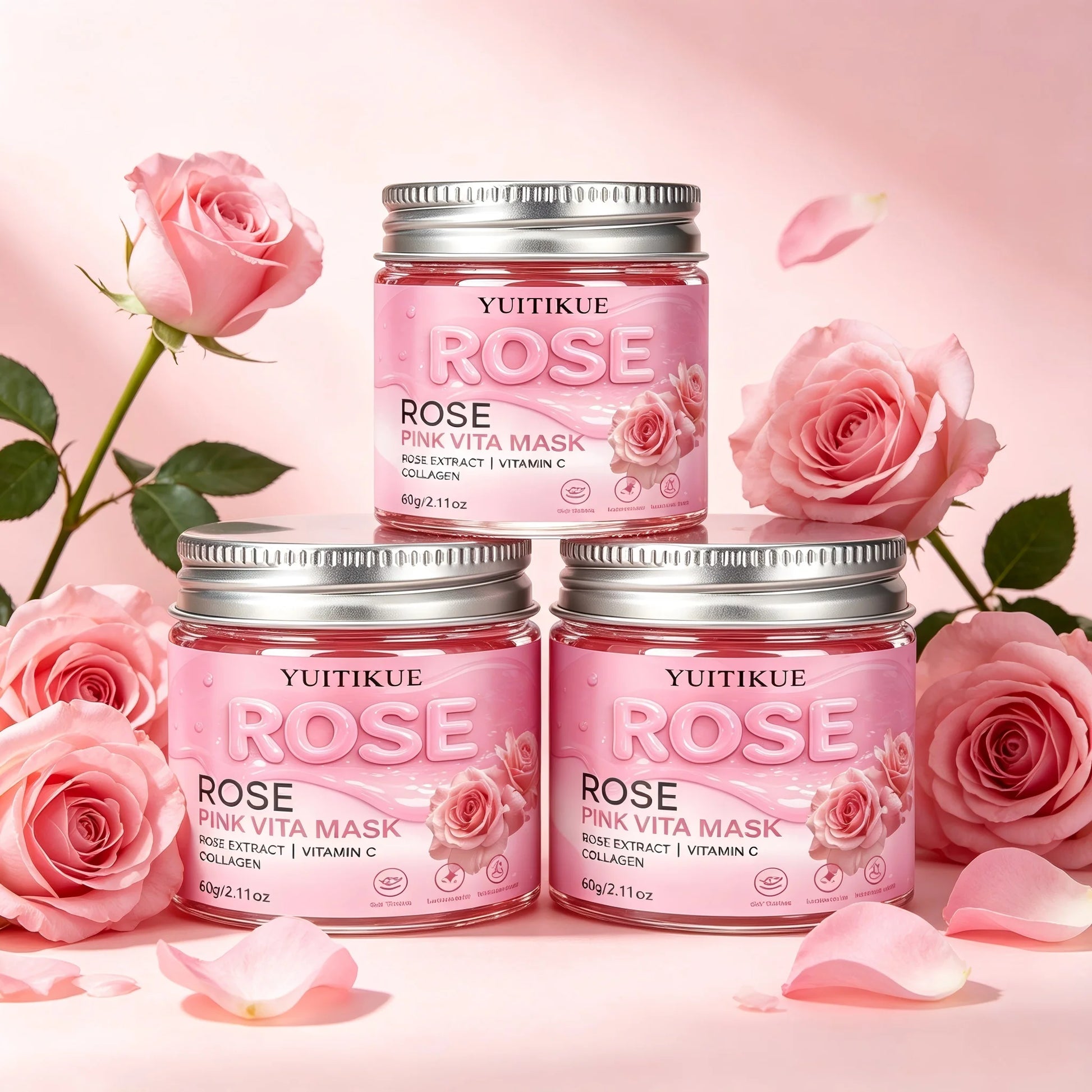 YUITIKUE Rose Pink Vita Mask 60g with Rose Extract, Vitamin C & Collagen for Luminous & Moisturized Skin Peaceful Pleasures Health and Wellness 3pc
