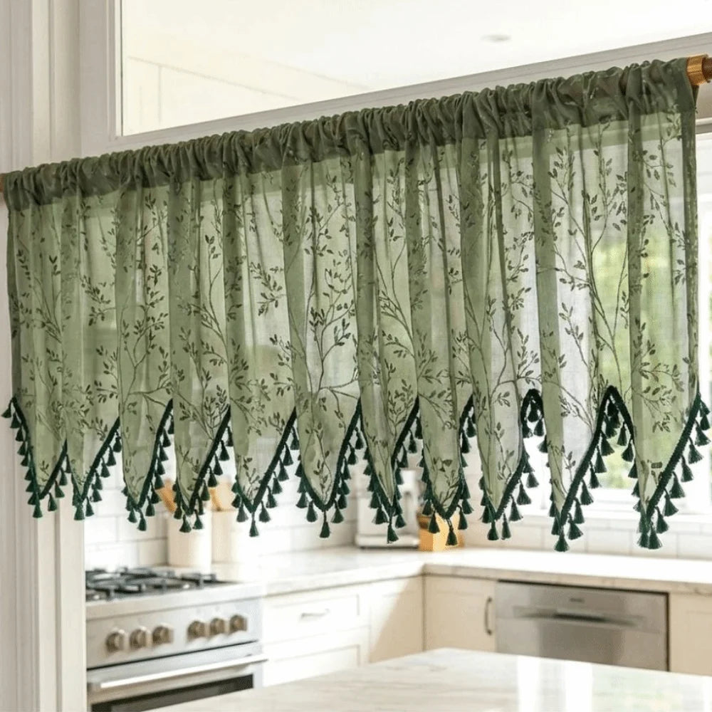 Rustic Short Tulle Window Curtain | Lace Fringe Trim
