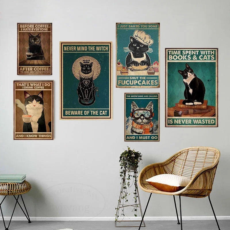 Funny Black Cat Coffee Canvas Wall Art | Retro Cat Poster