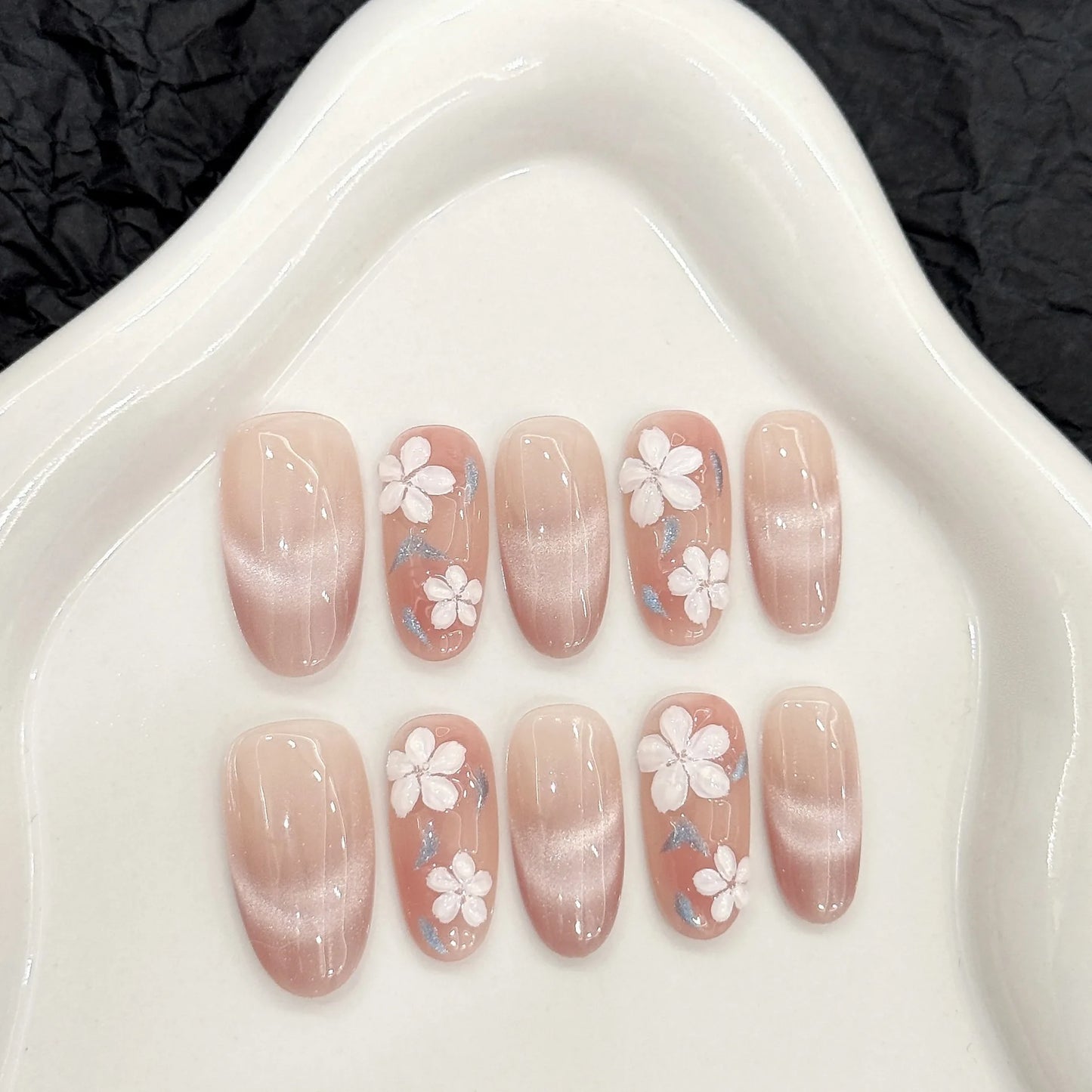 10pcs Handmade Press-On Nails Spring Flowers Korean Cat Eye