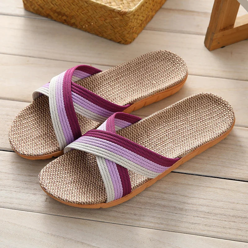 Women's Linen Flat Slippers – Lightweight Open Toe Indoor Slides