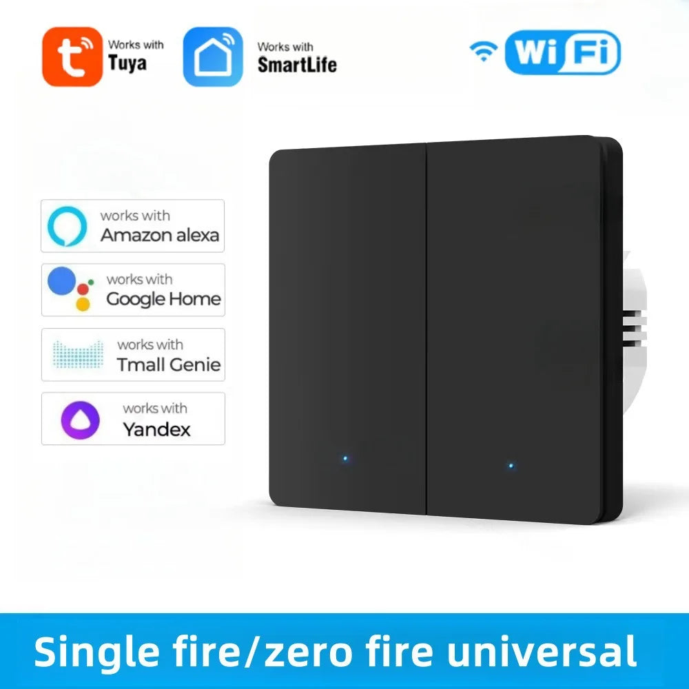 Tuya WiFi Smart Wall Light Switch Push Button No/With Neutral Wire Timing SmartLife Remote Control Panel Works With Alexa Google Peaceful Pleasures Health and Wellness 2 gang Black