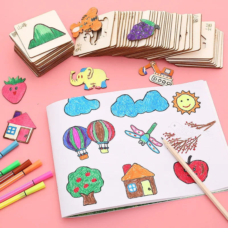 Wooden DIY Painting Stencils Kids Tools Doodle Educational Gifts Boys