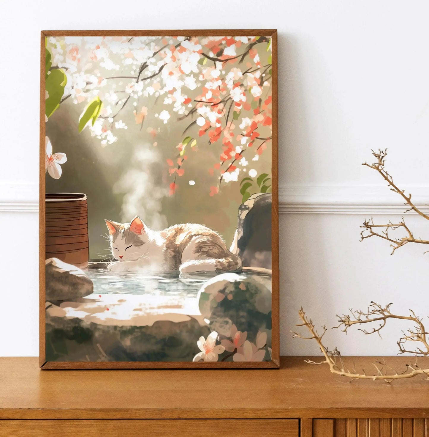 Japanese Cherry Blossom Cat Hot Spring Canvas Wall Art Print Canvas Wall Art Print Peaceful Pleasures Health and Wellness