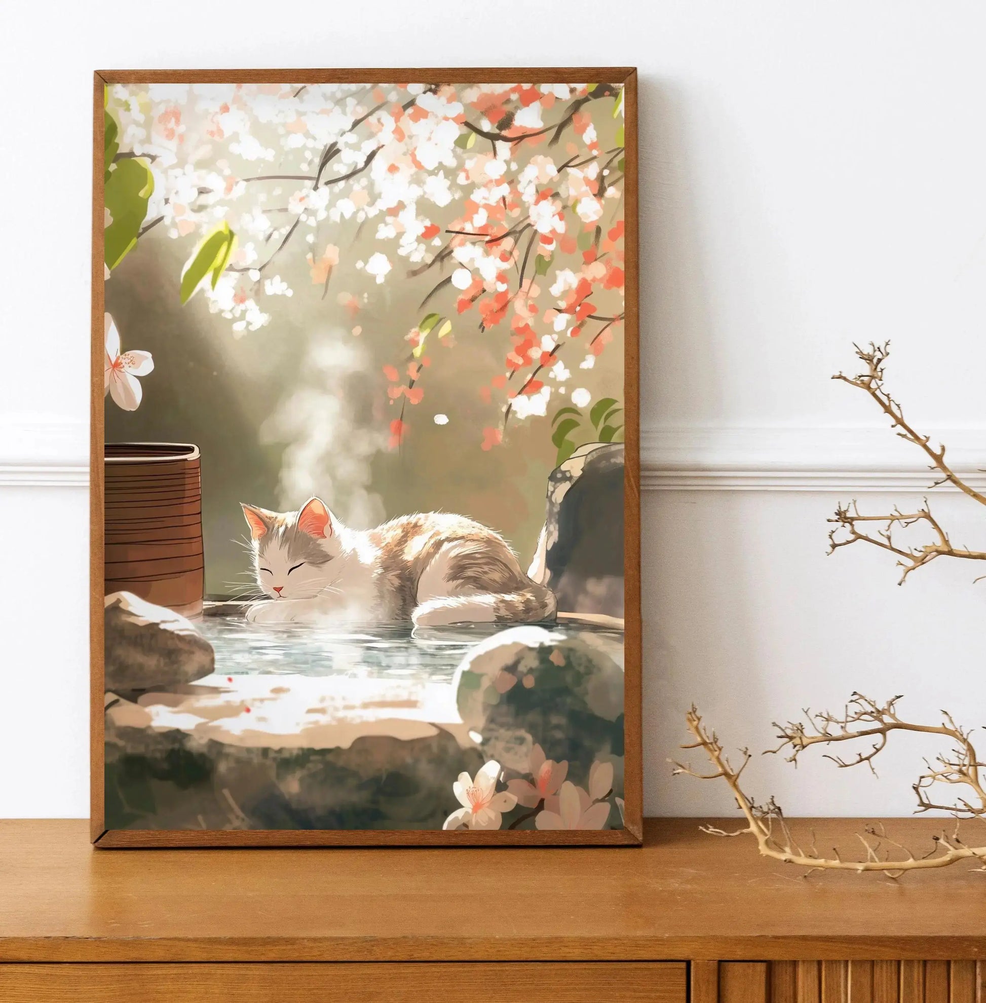 Japanese Cherry Blossom Cat Hot Spring Canvas Wall Art Print Canvas Wall Art Print Peaceful Pleasures Health and Wellness