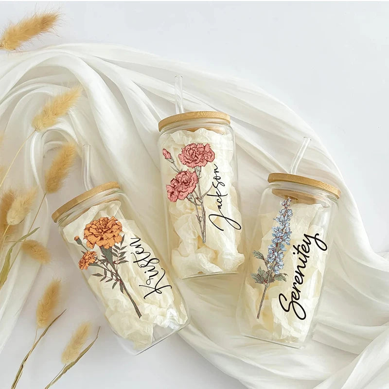 Personalized Birth Flower Glass Cup | Bamboo Lid & Straw Gift