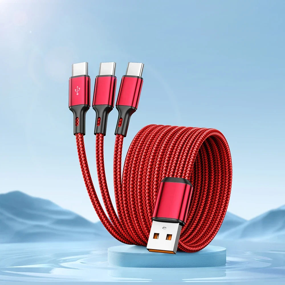 100W 3-in-1 USB to Triple USB-C Cable 6A Fast Charge