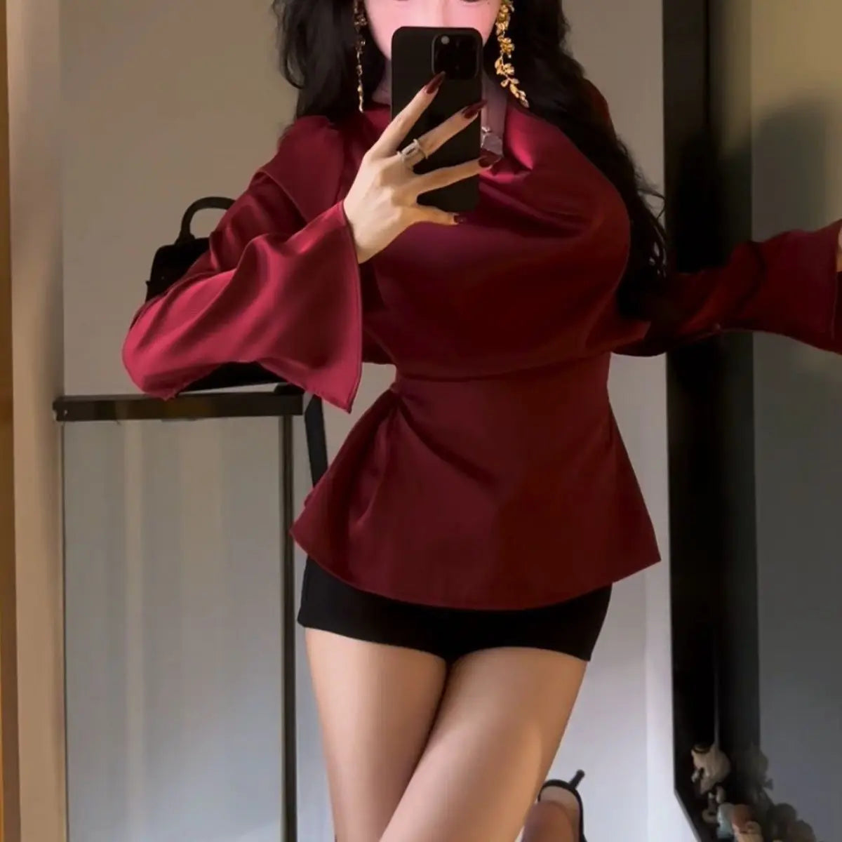 Women's Satin Flare Sleeve Blouse – Elegant Office Tunic Top