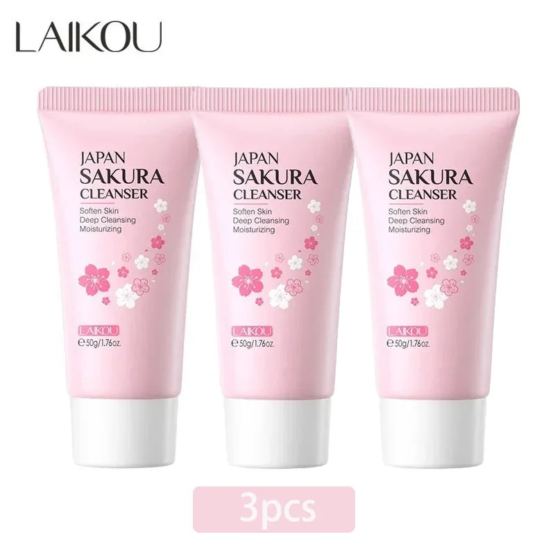 LAIKOU Sakura Cleanser Gentle Deep Cleaning Oil Control Moisturizing Shrink Pores Face Skin Care 50g Skin Cleanser All Skin Type Peaceful Pleasures Health and Wellness 3pcs