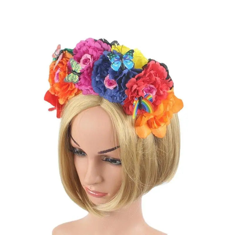 Halloween Colorful Peony Flower Headband Fairy Butterfly Mexican