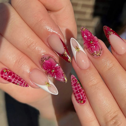 24pc Y2K French Press-On Nails | Glitter 3D Flower Almond Tips Press-On Nail Set Peaceful Pleasures Health and Wellness style 1
