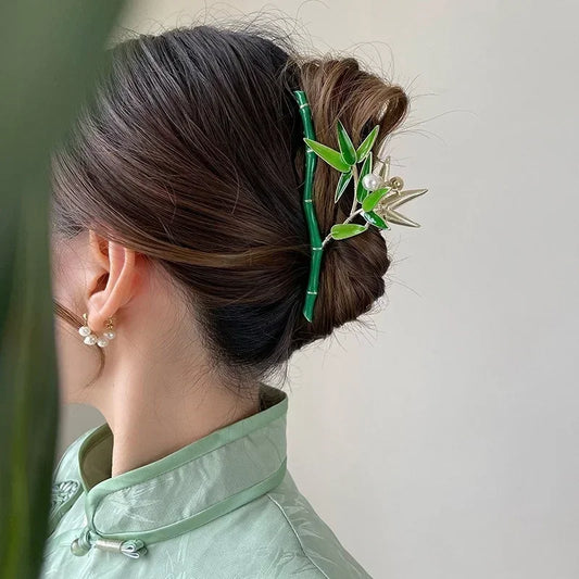 Chinese Vintage Retro Fresh Green Bamboo Fashion Pearl Metal Hair Peaceful Pleasures Health and Wellness