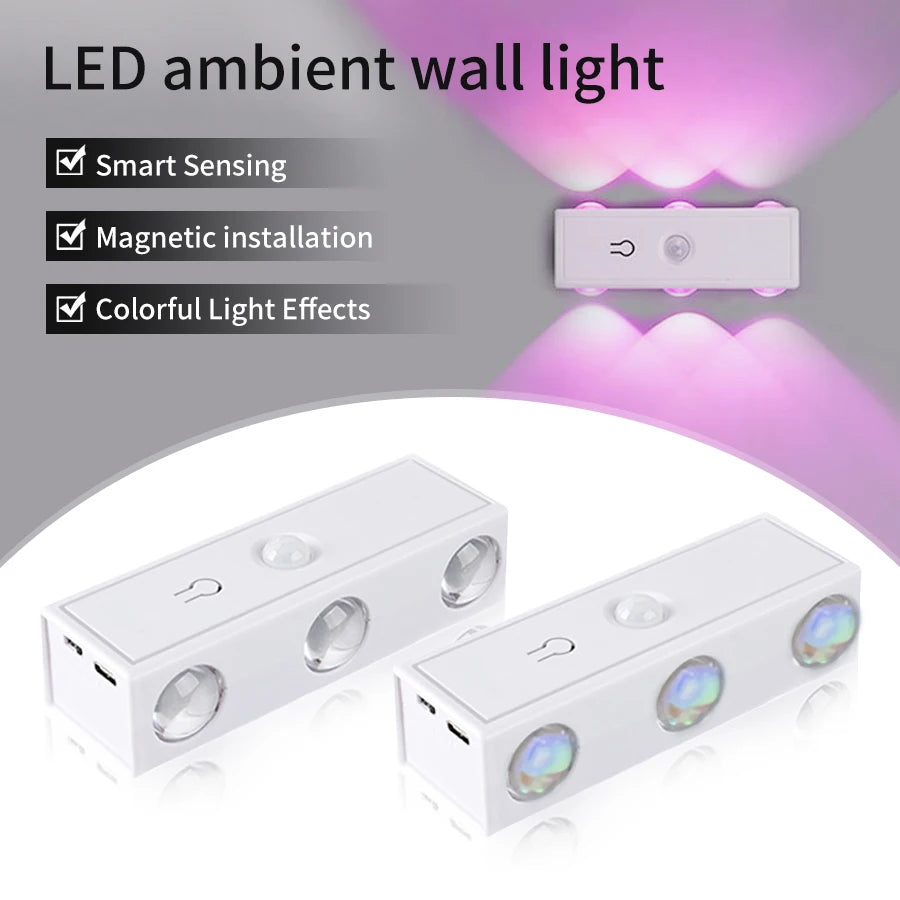 6Leds Double-head Motion Sensor Light 3Colors/RGB Night Light USB Rechargeable Magnetic Wall Lamp Touch Dimming Bedside Lighting Peaceful Pleasures Health and Wellness