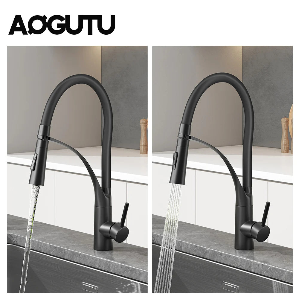 AOGUTU Brass Pull-Down Kitchen Faucet | Single Handle Mixer Tap