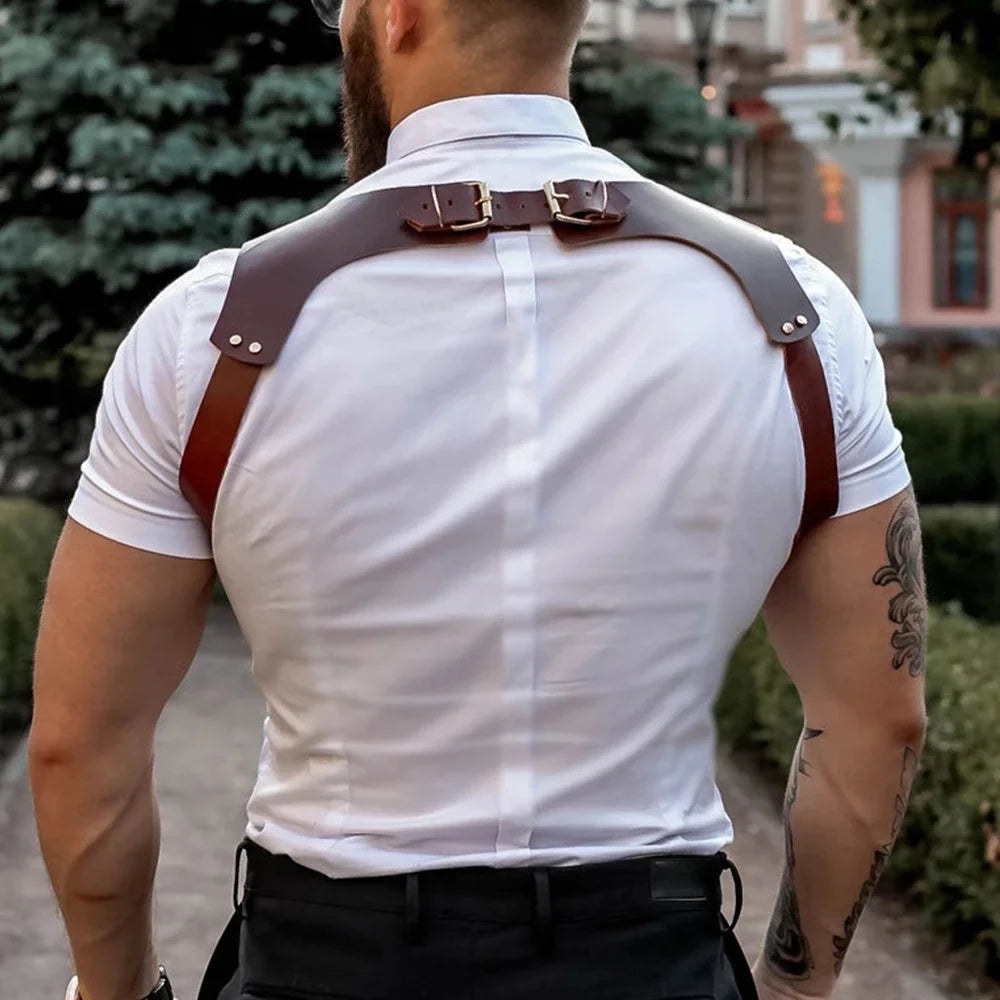 Men's Suspenders Vintage Brown PU Leather Straps Braces Suspender Men