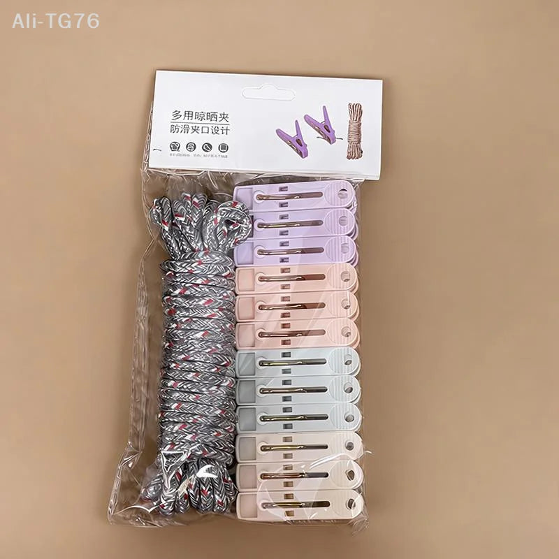 12-Clip Windproof Clothesline Set – Colorful Nylon Drying Clips