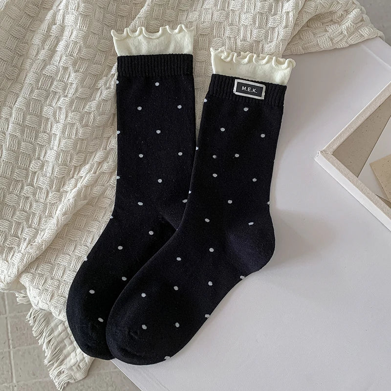 Socks For Women New Dots Cute Frilly Casual Fashion Long Socks Breathable Preppy Style Ladies Novelties Socks Cotton Soft Comfy Peaceful Pleasures Health and Wellness Black One Size