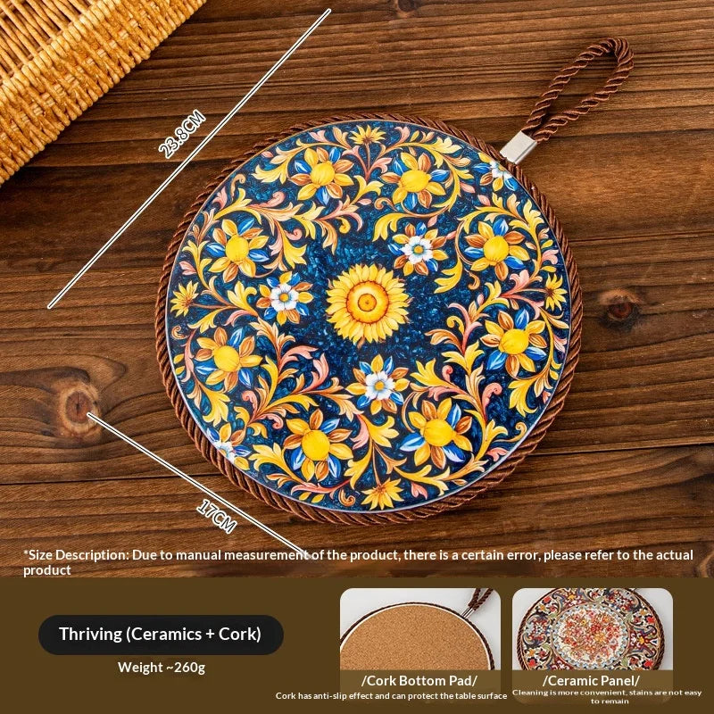 Vintage Heat Resistant Trivet Mat for Hot Pot Cast Cookware Enameled Dutch Oven Ceramic Dinnerware Tabletop Placemat Non-Slip Peaceful Pleasures Health and Wellness B Diameter 17cm