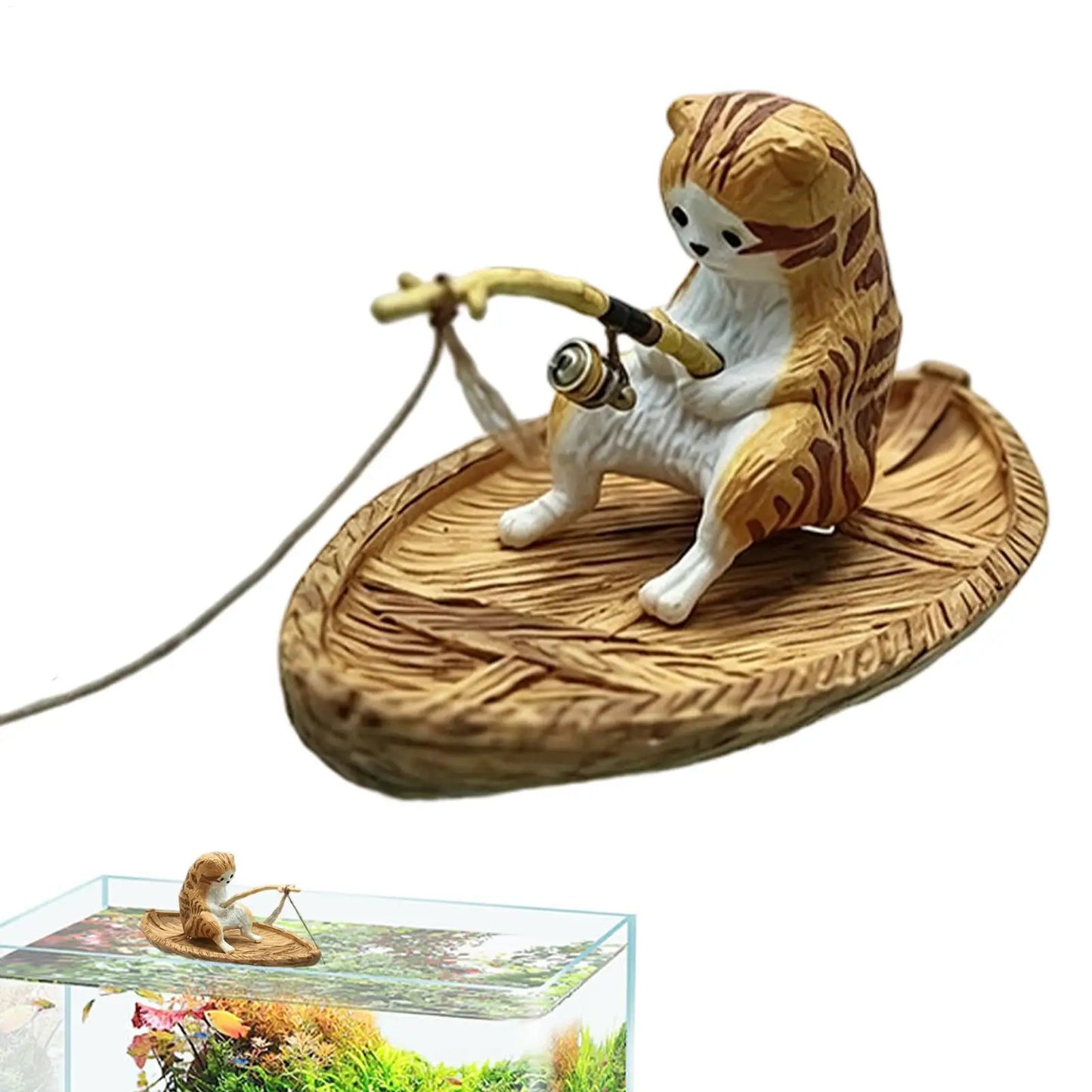 Resin Cat Fishing Boat Aquarium Ornament | Fish Tank & Pond