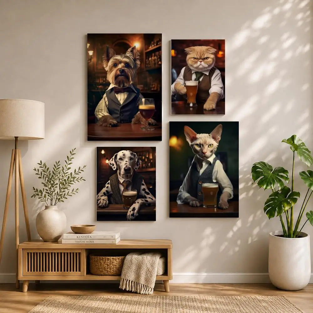 Art D-Dogs Cats at the PubS Poster HD Self Adhesive Waterproof Wall Art Ideal for Home Office Dorm Bedroom Great Gift Peaceful Pleasures Health and Wellness