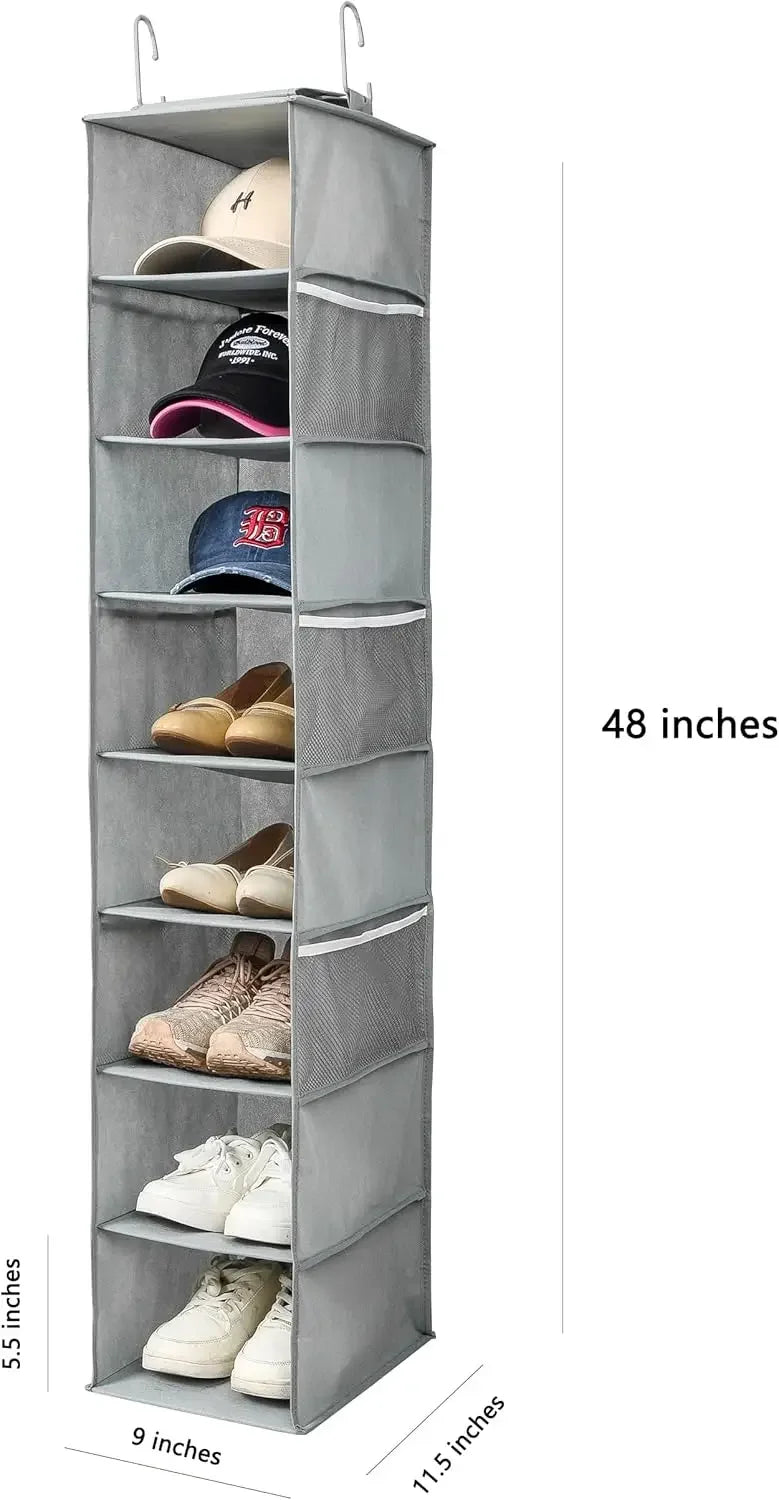 8-Shelf Gray Hanging Shoe and Hat Organizer with Mesh Pockets for Closet Storage Peaceful Pleasures Health and Wellness