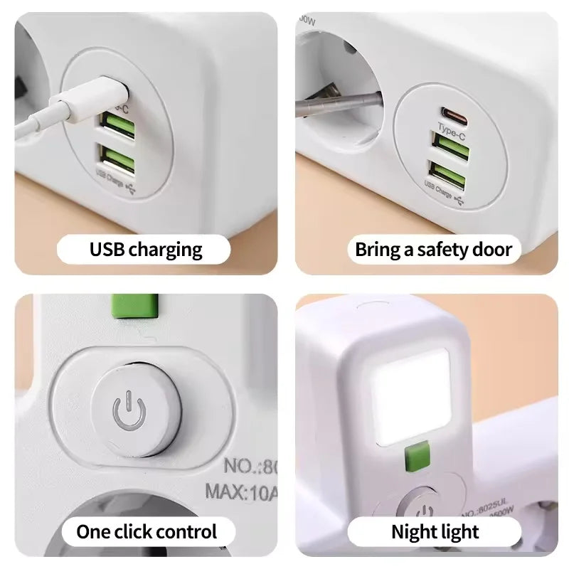 EU Plug Multi Socket Power Strip with USB-C USB Ports Night Light Individual Switches 2500W Wall Charger Adapter for Home Office Peaceful Pleasures Health and Wellness