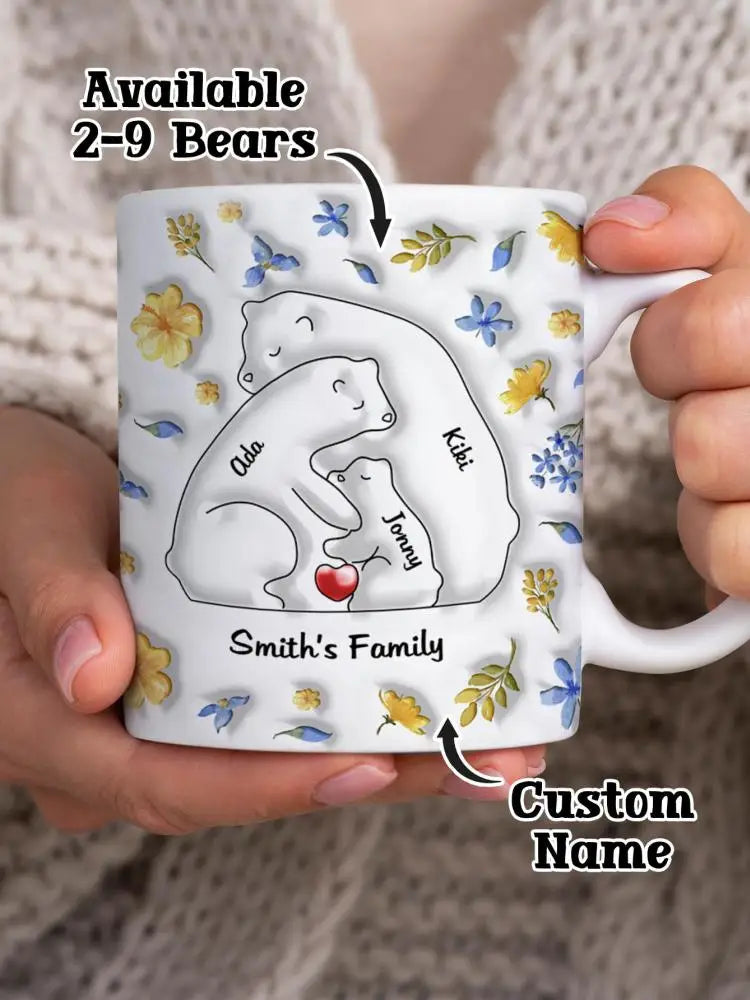 Custom Bear Family Name Mug 11oz Personalized Names Coffee Cup 3D Inflated Effect Gift for Mom Dad Couple Wedding Peaceful Pleasures Health and Wellness Multicolor 2 names
