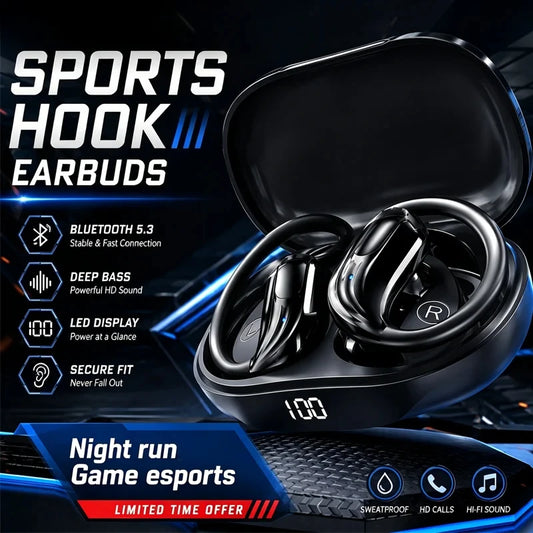 Wireless Bluetooth 5.3 Earhook Earphone LED Display Sports Earhook Headphones Deep Bass HiFi Stereo Noise Cancelling Earphones Peaceful Pleasures Health and Wellness