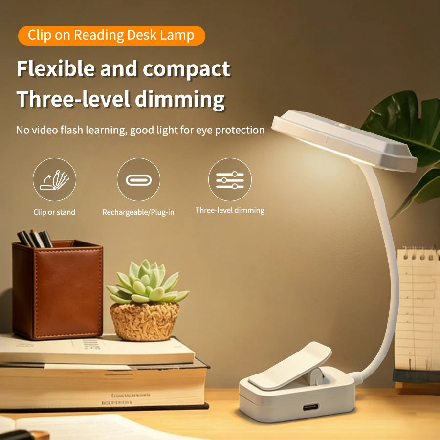 Rechargeable Mini LED Book Light with Clip Eye Protection 3colors Flexible Reading Lamp Desk Bedside Portable Night Study Light Peaceful Pleasures Health and Wellness Horizontal style