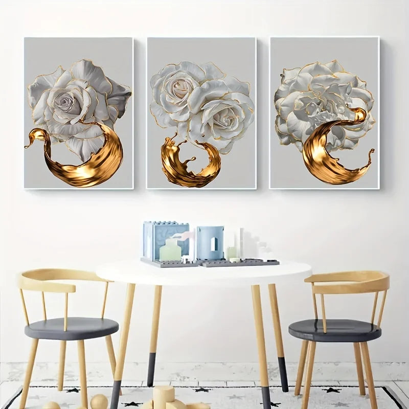 3pcs Frameless White Rose Golden Edge Flower Canvas Art Posters, Abstract Golden Art Painting, Modern Wall Picture Home Decor Peaceful Pleasures Health and Wellness 60x90cm No Frame ZLH11358-3pcs