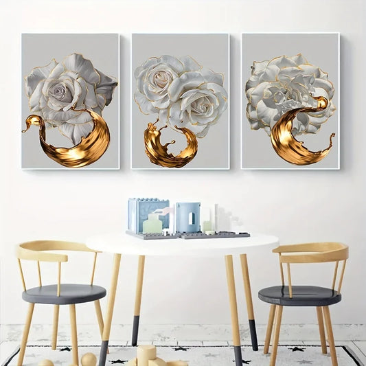 3pcs Frameless White Rose Golden Edge Flower Canvas Art Posters, Abstract Golden Art Painting, Modern Wall Picture Home Decor Peaceful Pleasures Health and Wellness 60x90cm No Frame ZLH11358-3pcs