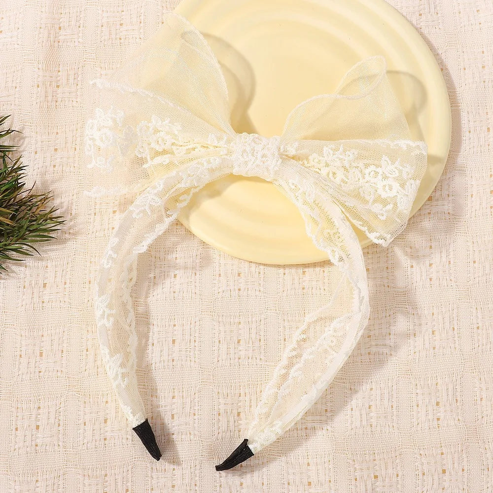 Elegant Lace Bow Headband – Floral Embroidery Non-Slip