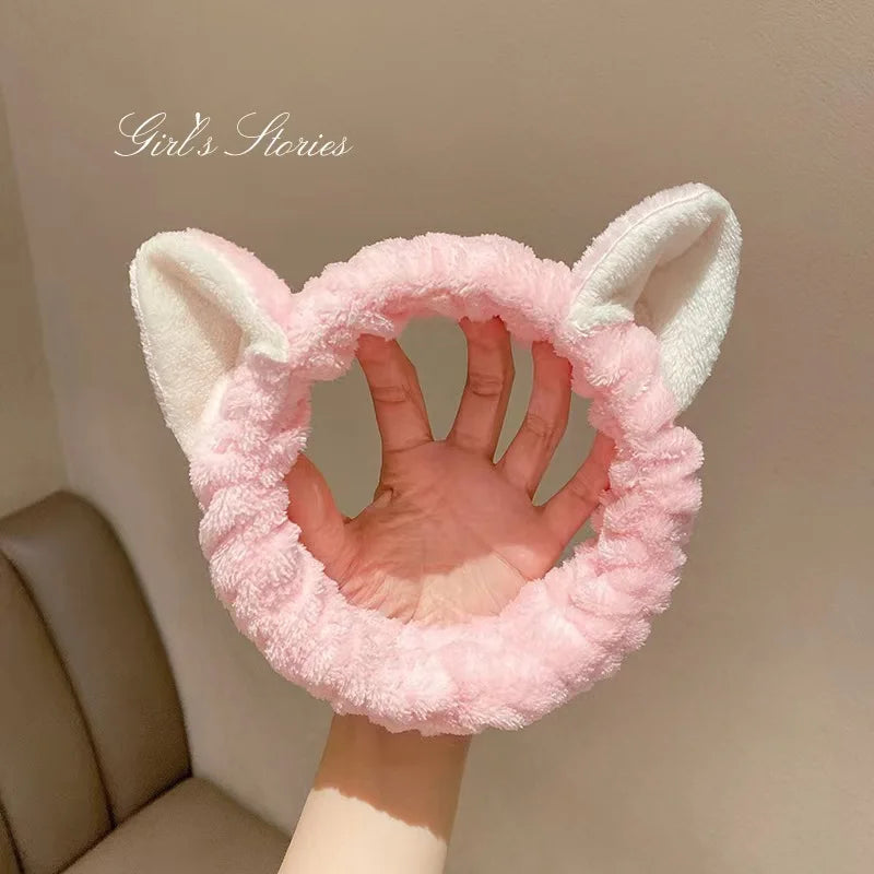 Cat Ear Coral Plush Headband – Soft Bow Makeup Hair Band