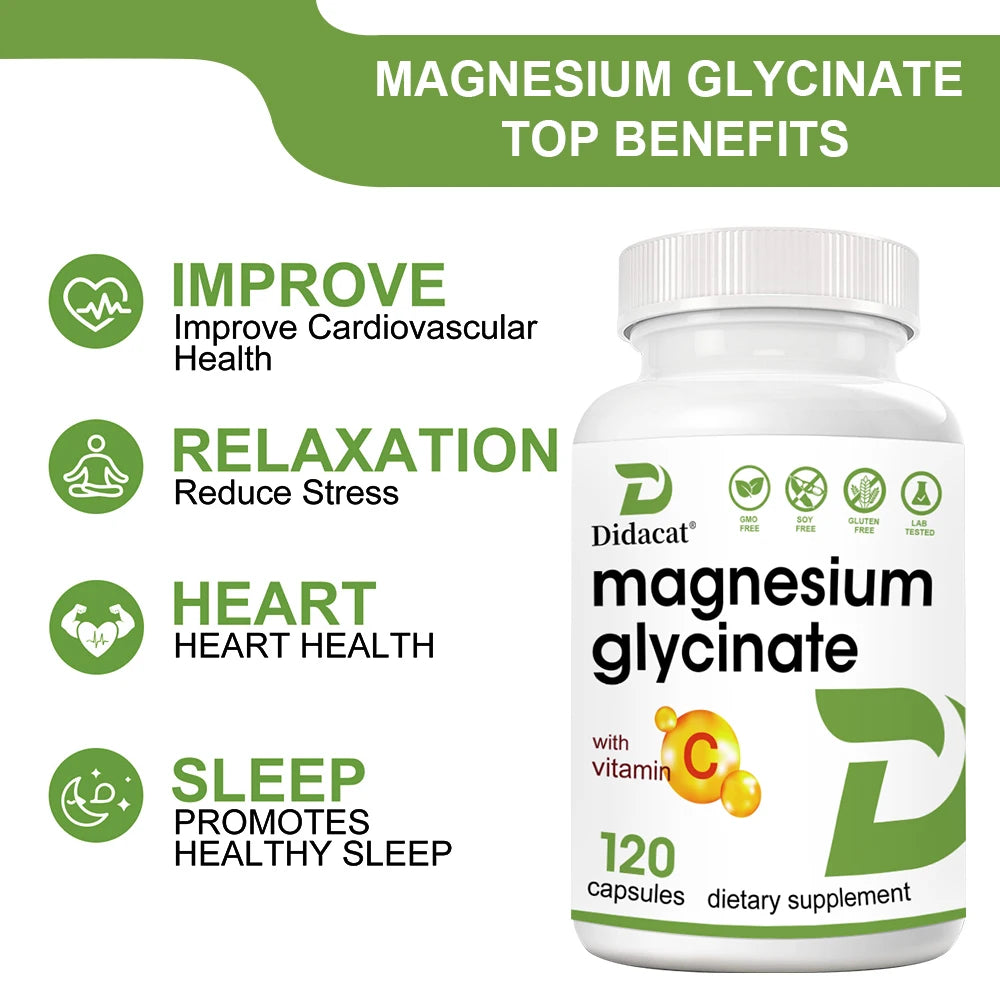 Magnesium Glycinate Capsules with Vitamin C, High Absorption, Supports Muscle Relaxation Nerve Bone & Heart Health, Antioxidant Peaceful Pleasures Health and Wellness