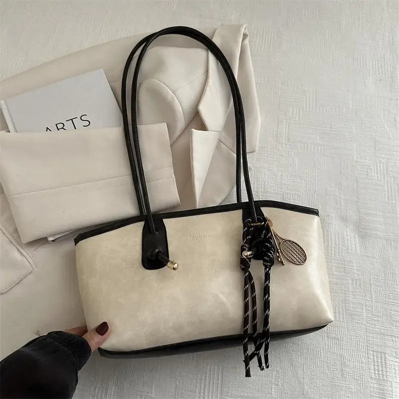 Retro PU Leather Tote Bag – Large Capacity & Charm Pendant
