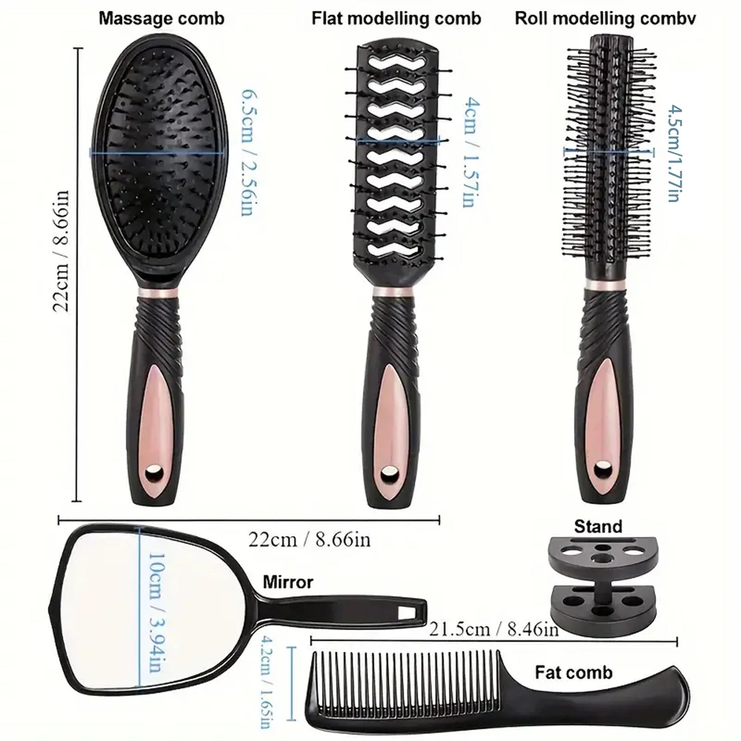 5-Pack Comb Brush Set Professional Massage Comb Cosmetic Hair Styling Tool Set With Mirror Hair Brush Holder Peaceful Pleasures Health and Wellness