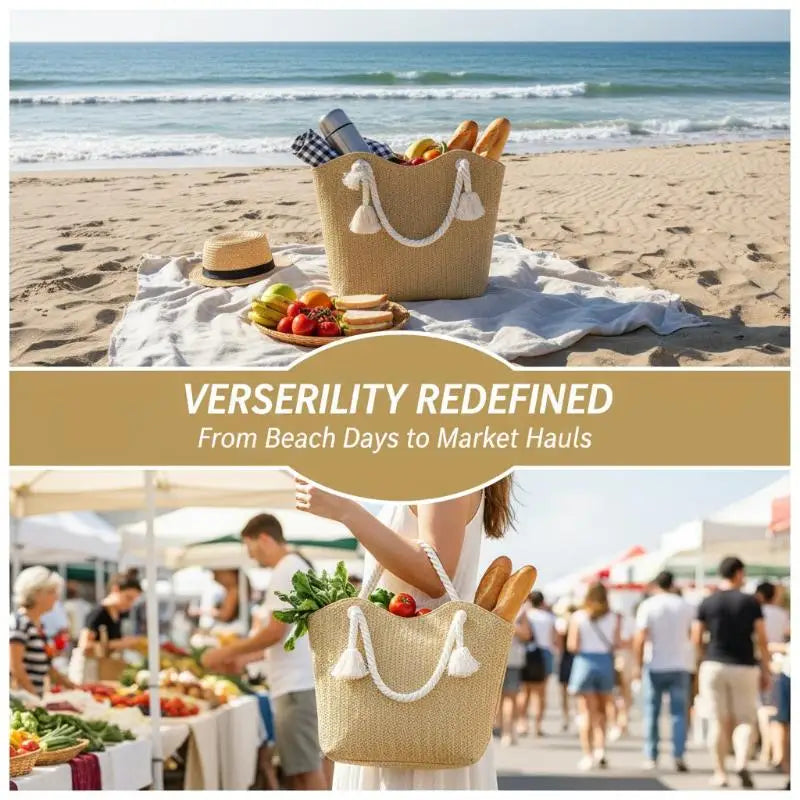 Women's Large Capacity Woven Straw Tote Shoulder Bag