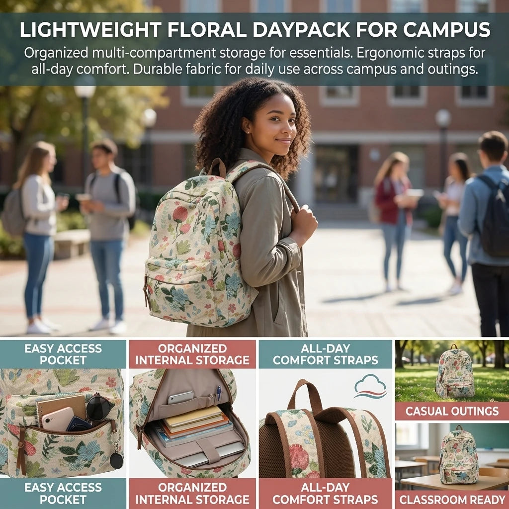 Floral Print Backpack For Women Lightweight Casual Daypack With Multi Compartments And Waterproof Fabric Peaceful Pleasures Health and Wellness