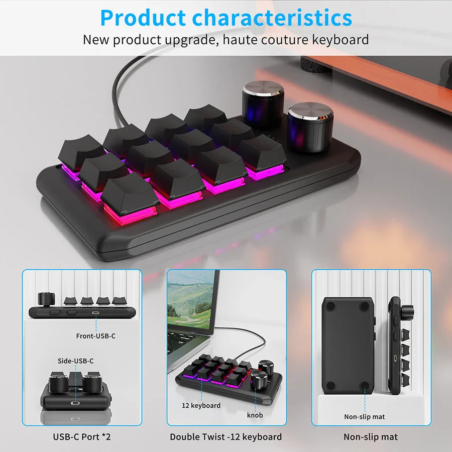 12-Key Macro Mechanical Keyboard Bluetooth 2.4G 3-Mode Macropad