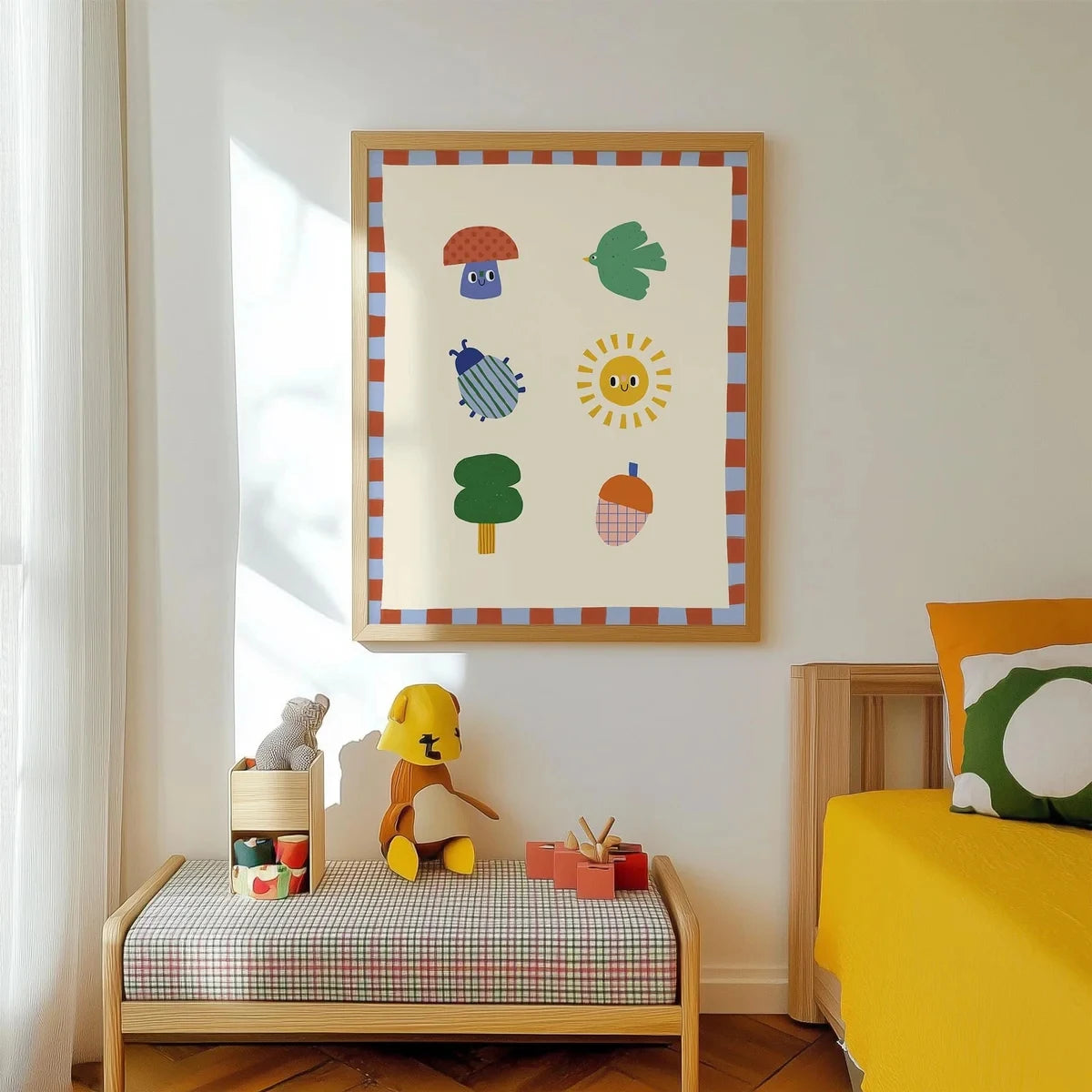 Minimalist Cartoon Insects & Plants Canvas Wall Art Print