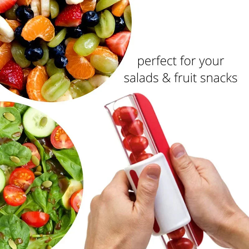 High Quality Plastic Handle Stainless Blade Grape Tomato Fruit Vegetable Salad Cherry Manual Zip Quick Slicer Kitchen Supplies Peaceful Pleasures Health and Wellness